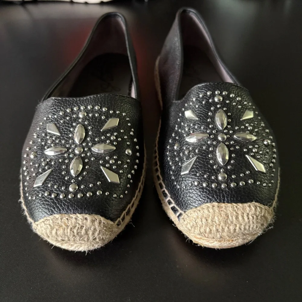 Black leather espadrille Brighton bedazzle silver stud design size 8 flats